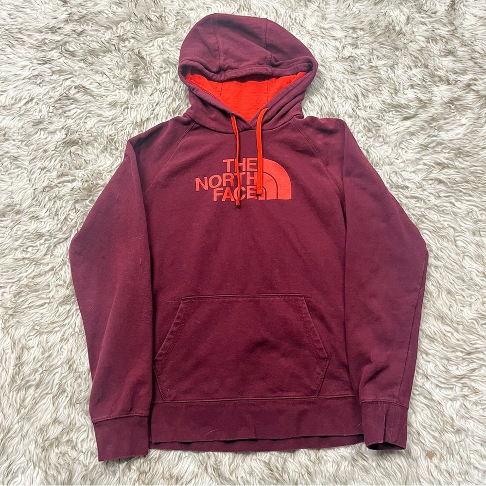 The North Face Men's Maroon Hoodie with Orange Logo & Lining